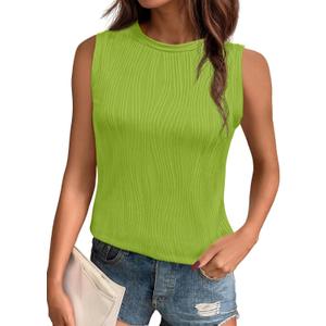 PrinStory Womens Sleeveless Textured Slim Tops Crewneck Knit Solid Summer Casual Shirts Pullover Tank Tops for Women (Medium, Bl Fruit Green)