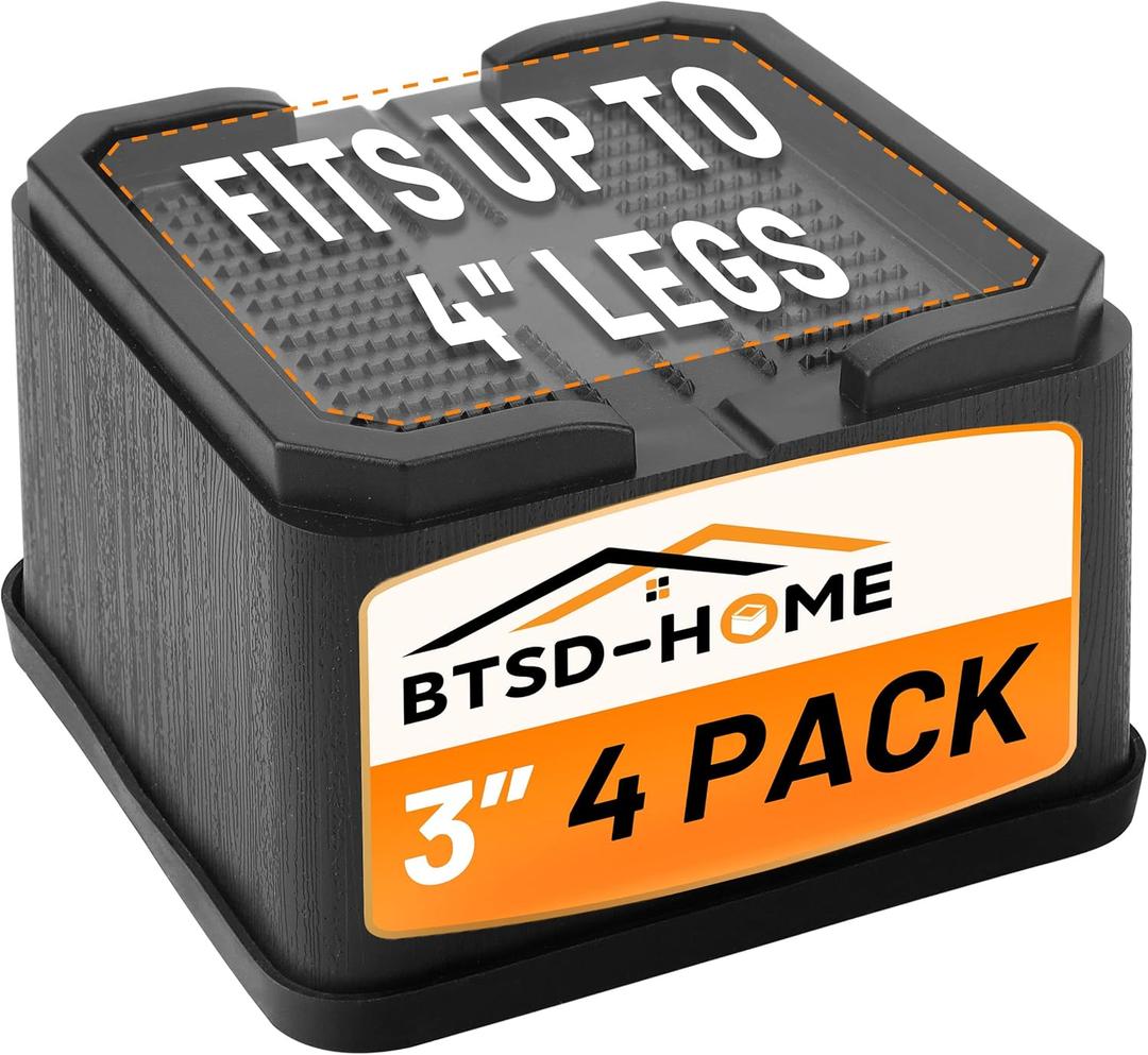 BTSD-home 3 Inch Oversized Bed Risers Heavy Duty 4 inch Wide Adjustable Bed and Furniture Raisers for Dorm Couch Chair Sofa Bed Lifts with Top Pad and Bottom Rubber 4 Pack (3 Inches - 4 Pack - Oversized)