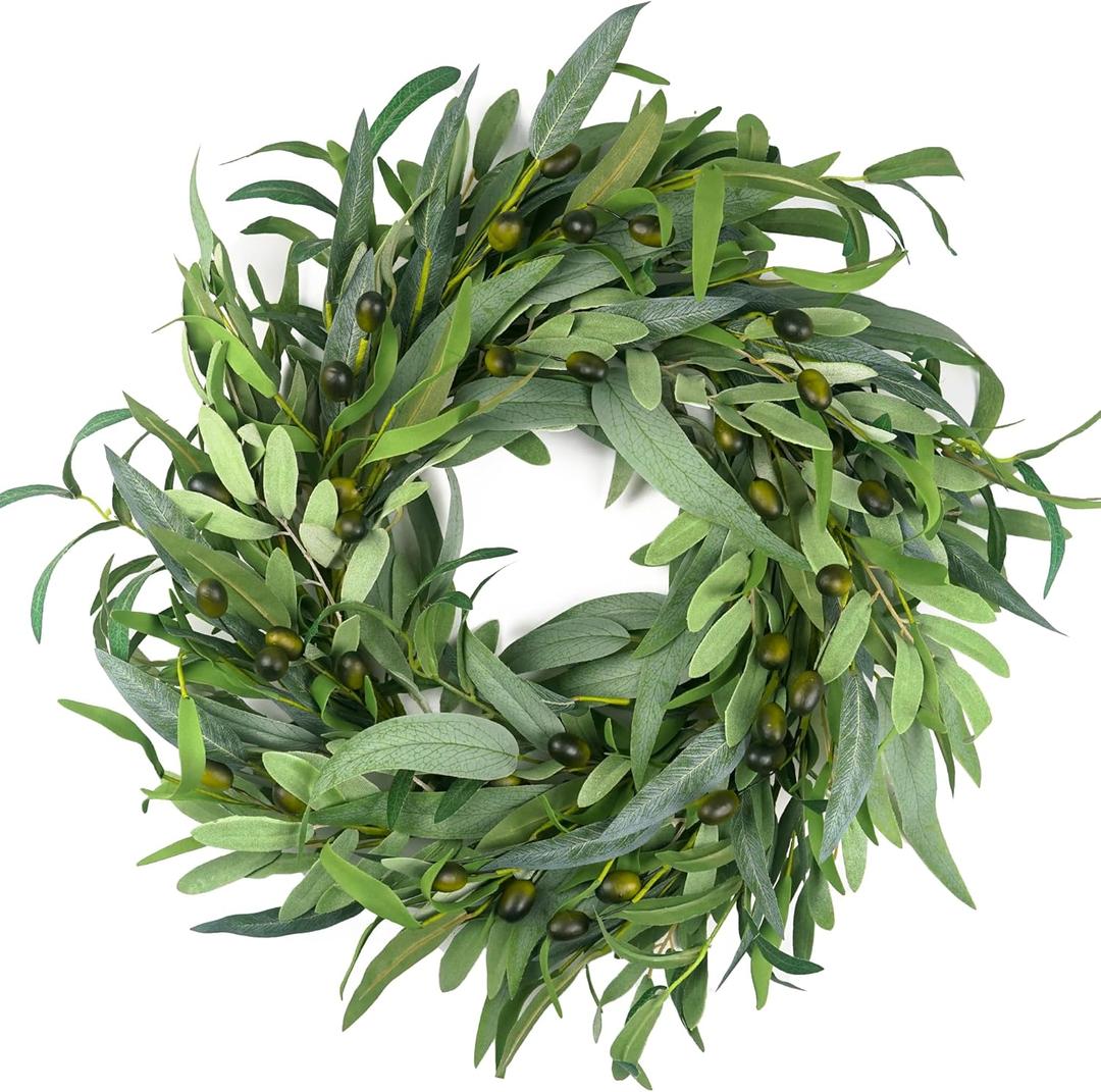 Olive Wreath for Front Door 22 inch, Greenery All Season Wreath with Olive Leaf Fruit, Home Decoration for Outdoor Living Room Indoor Wall and Outside Summer All Season Wedding