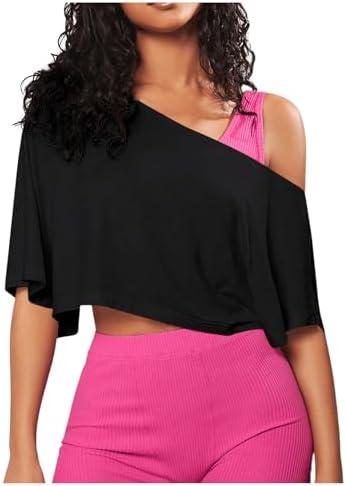 SOLY HUX Women's Off The Shoulder Tee Yoga Workout Crop Top Half Sleeve Asymmetrical Neck Activewear T Shirt M