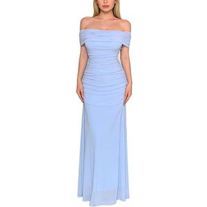 OYOANGLE Women's Off the Shoulder Maxi Dress Short Sleeve Elegant Ruched Party Wedding Guest Dresses, X-Large, Light Blue