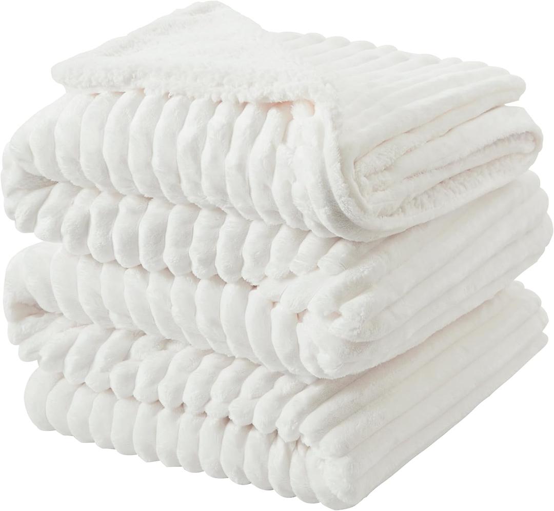 INFIIXSO Sherpa Fleece Queen Size Blanket - Super Soft & Warm Striped Fleece, Cozy Plush Fluffy Large Bed Blanket All Season Use (Off White, 90x90 Inches)
