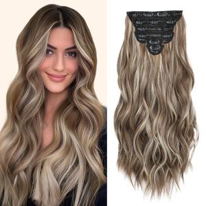 Clip in Hair Extensions for Women, Medium Brown with Ash Blonde, 20 Inch 6PCS Hairpieces Long Wavy Soft Thick Hair Extensions Clip ins