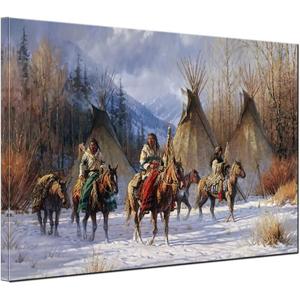 vanow Indian Wall Art Native American Chief Tribe with Horse Poster and Print Landscape Vintage Home Decor Artwork for Living Room Wall Decor Frame Ready to Hang (Native American Chief, 12x16inch) (16L" x 12W")
