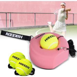Hikeen Premium Tennis Trainer Rebound with Metal Base,Portable Solo Tennis Trainer Set with 3 Highly Elastic String Balls,Tennis Practice Equipment for Adult Kids and Beginners, Pink 