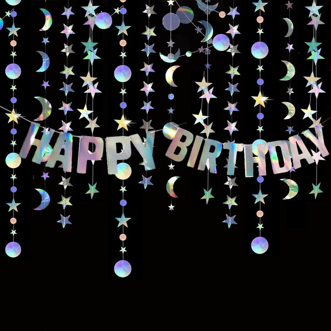 Star Moon Circle Dot Garland Party Decoration Kit, Holographic Party Decorations Hanging Stars Streamer Backdrop Crescent Garlands Happy Birthday Banner Backdrop for Birthday Wedding