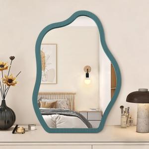 Desk Mirror with Wood Stand Makeup Standing Portable Wood Tabletop Mirror for Hanging High Definition Room Decor Small Modern Vanity Living Room Bedroom Tabletop Bathroom (14"L x 10"W, Blue)