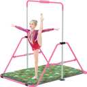 Jivifao Gymnastics Bar with Self-Inflating Mat for Kids, Adjustable Height Gymnastic Horizontal Bars with Mat, Folding Gymnastic Training Monkey Bars, Junior Expandable Training Kip Bar for Home
