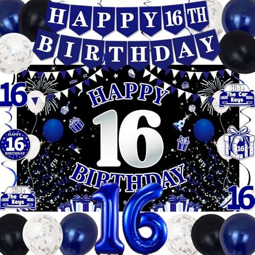 16th Birthday Decorations for Boys Girls, Blue Black Happy 16th Birthday Party Decorations, Happy 16th Birthday Backdrop, 16 Foil Balloons, Banner, Balloons, Hanging Swirls, Birthday Cards Set 45pcs