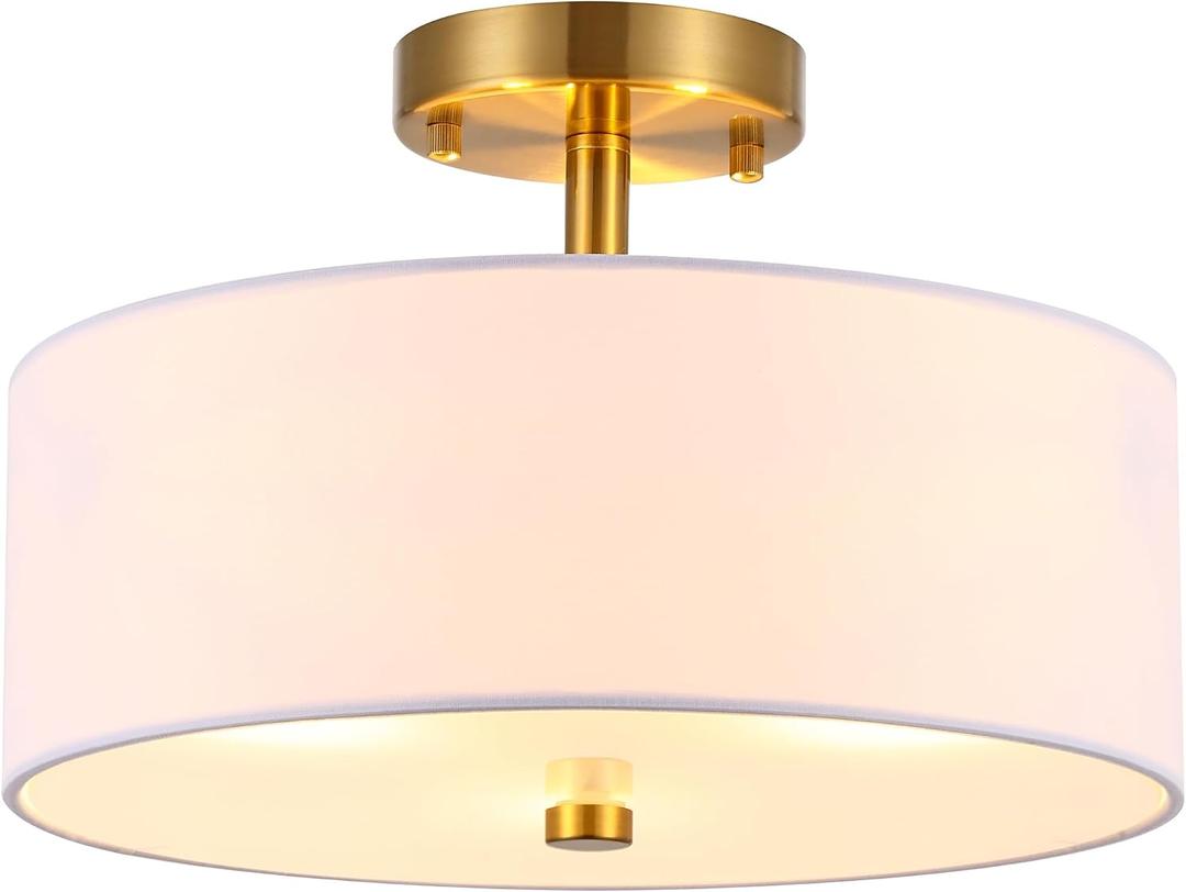 13" Semi Flush Mount Ceiling Light Fixture, 3-Light Gold Drum Light Fixture, Modern Close to Ceiling Light with White Fabric Shade Lamps for Bedroom Living Room Kitchen Hallway Entryway