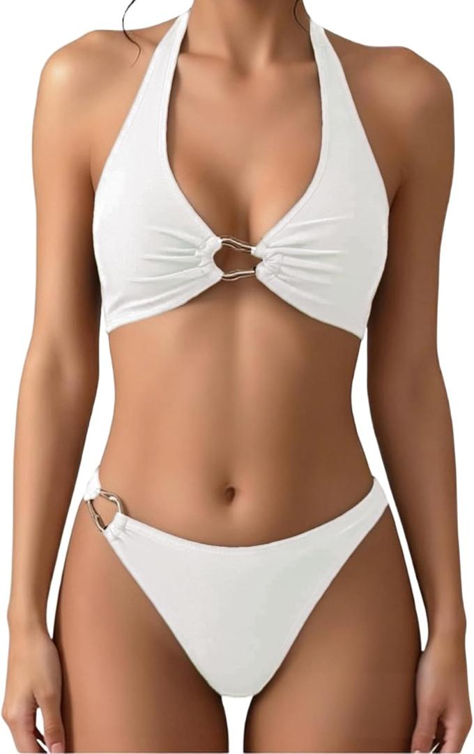 SOLY HUX Women's Halter Bikini Set V Neck Ring Linked Bathing Suit Summer Beach Two Piece Swimsuit (White, L)