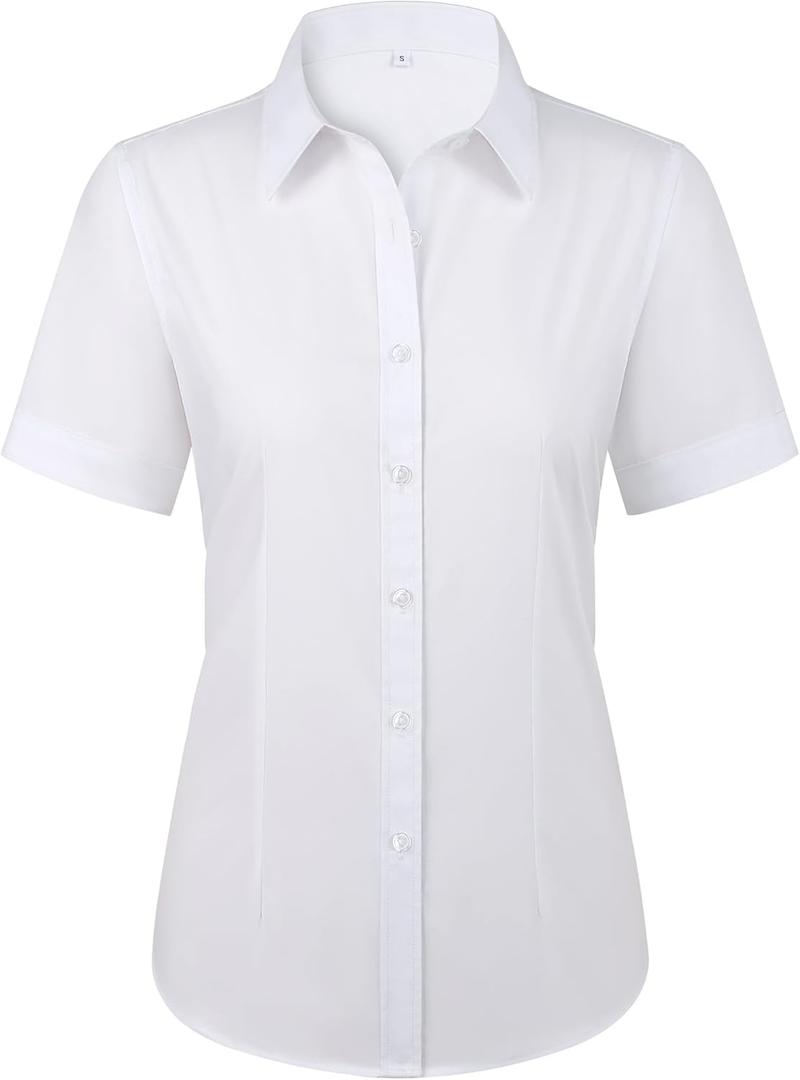 siliteelon Womens Stain Shield Dress Shirts Wrinkle Free Short Sleeve Solid Tops Blouses Button Down Shirts (X-Small, White)