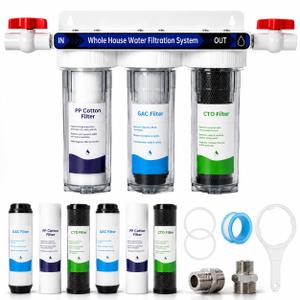 Whole House Water Filter System, 3-Stage Home Water Filtration System, 2 Extra Filter Sets, 0.5 Micron PP GAC CTO Filters, 15 GPM, 3/4" NPT Brass Ports with 2 Valves for City & Well Water