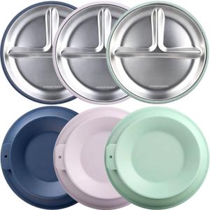 Greentainer 3 Pack Stainless Steel Baby Plates with Suction, Divided Toddler Plates with Removable Silicone Sleeves, Unbreakable Kids Dishes for Dinner & Snack, Non-Toxic, Dishwasher Safe