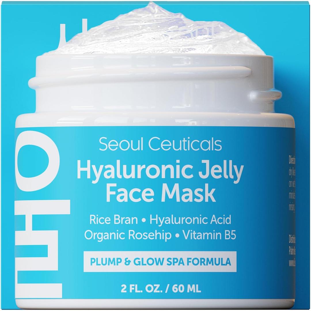 SeoulCeuticals Korean Skin Care Hyaluronic Acid Jelly Face Mask Rice Bran + Vit B5 + Rosehip Anti Aging K Beauty Skincare for Plump Glowing Skin 2oz