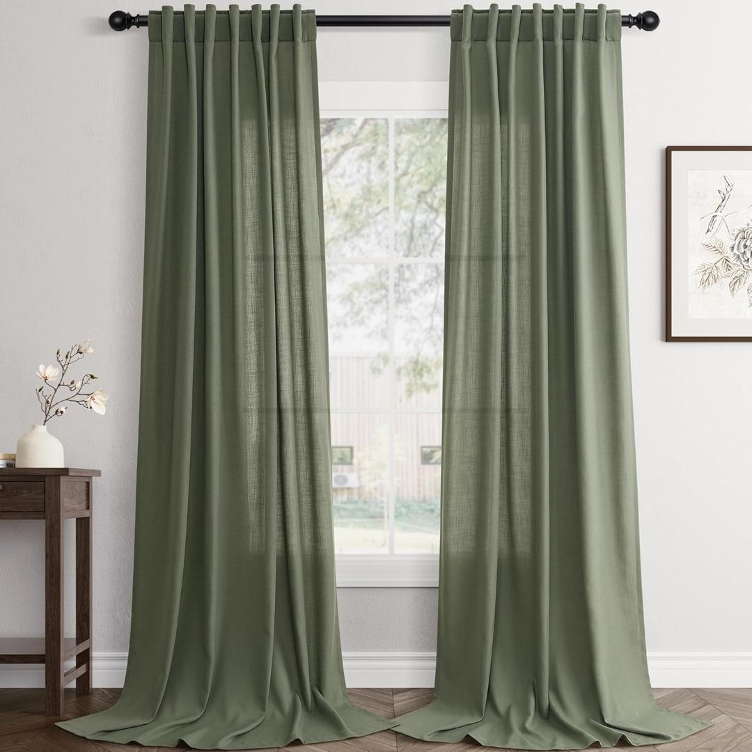 Olive Green Linen Curtains 108 inch Length 2 Panels Set Modern Farmhouse Living Room Drapes Light Filtering Rod Pocket Back Tab Filtering Privacy Semi Sheer Curtain 108 inches Long
