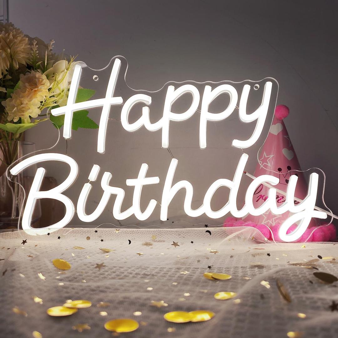 Happy Birthday Neon Sign with Dimmable, 15.5x9.7 Inch Happy Birthday LED Neon Light for Wall Decor, LED Up Light with USB Powered for All Birthday Party Decoration, Backdrop Wall (White)