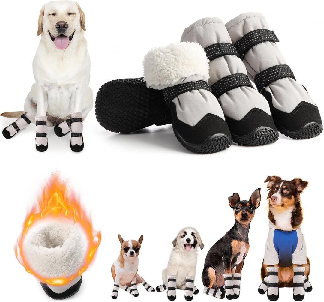 Winter Dog Snow Boots with Warm Wool Lining, Dog Shoes for Large Small Medium Dogs, Dog Booties and Paw Protectors, Anti-Slip Dog Shoes with Reflective for Snow, Hardwood Floors, Hiking (Size 3) (Size 3 (For Width 1.8"-2.0"), Thick wool-Grey)