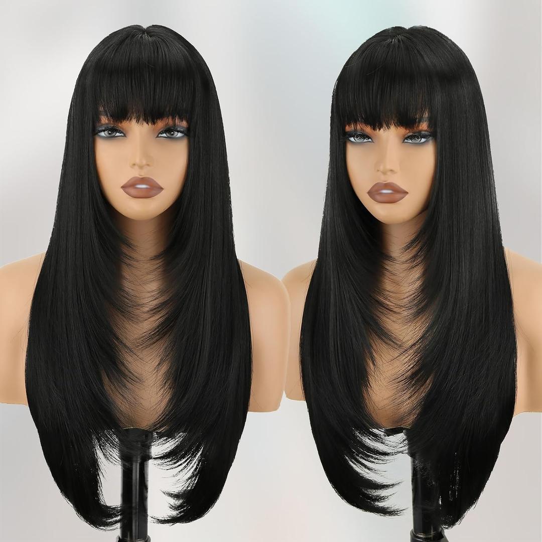 Black Long Straight Layered Wig with Bangs for Women 26 inch Put on Go Realistic Synthetic Heat Resistant Natural Wig for Girls Party Cosplay and Daily Use