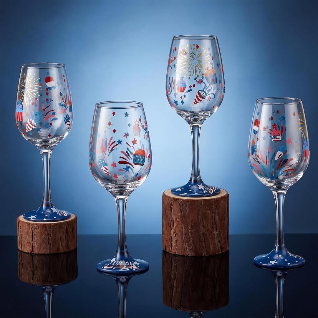 SiliFine 4 Pcs Patriotic 4th of July Stemmed Glasses Hand Painted USA American Fireworks Star Drinking Cup Glasses Gifts for Independence Day Birthday Theme Holiday Party Supplies