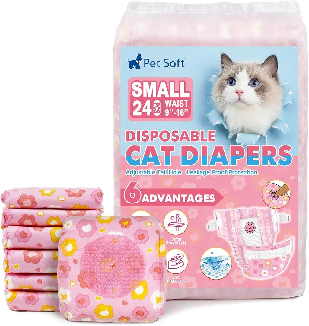 Pet Soft Disposable Cat Diapers - Diaper for Female & Male Cats, Puppy Doggie Diapers for Female Dogs with Adjustable Foam Tail Hole, Small (24Pcs, PK Flowers)