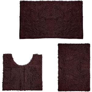 3 Pieces Bathroom Rugs Set Absorbent Shower Mat for Bathtub Non-Slip U-Shaped Toilet Mat Soft Chenille Bath Carpet Comfortable Floor Mats for Kitchen Bedroom 15.5" x 47" Mat, Brown