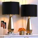 Hamucd Set of 2 Mirrored Glass Bedside Table Lamps with 2 USB Ports for Bedrooms Modern Amber Side Nightstand Lamps with Gold Black Fabric Shade Geometric Comtempory Living Room Lamps for End Tables