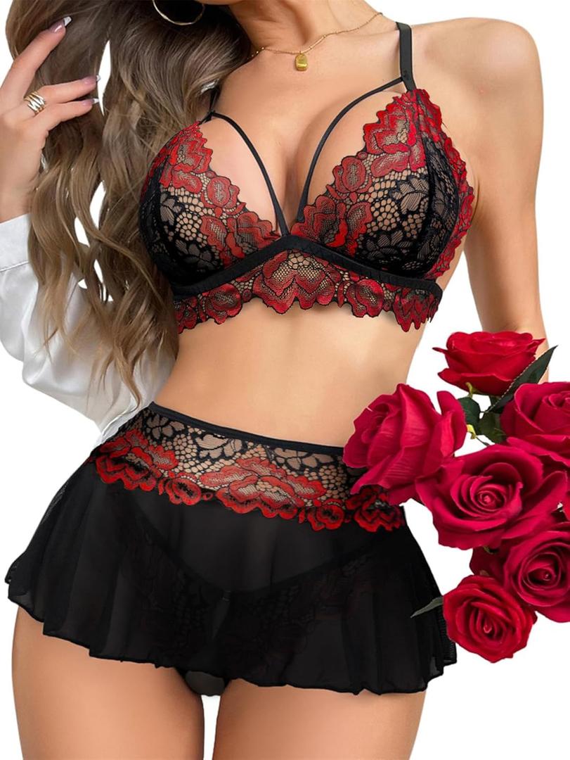 Sexy Mini Skirt with G-String Floral Lace Sheer Bralette Lingerie Set 3 Piece Otufits (Black Red) L