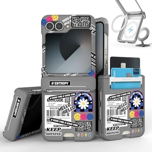 VVUPIC Galaxy Z Flip 6 Case with Sticker Printed Design, Dual Card Slot, Hinge Protection, Shock-Absorbing Slim Protective Case, MagSafe Compatible