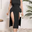 SILUI Women's Mock Neck Ribbed Knit Sexy Double High Slit Dress Plus Size 2025 Fall Going Out Long Midi Dresses (Black, XXL)