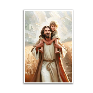 FIWCQBTD Jesus Portrait Canvas Wall Art Carrying a Child with Children Print Picture Modern Religious Theme Painting Christian Poster Bedroom Decor Bible,16Lx12W