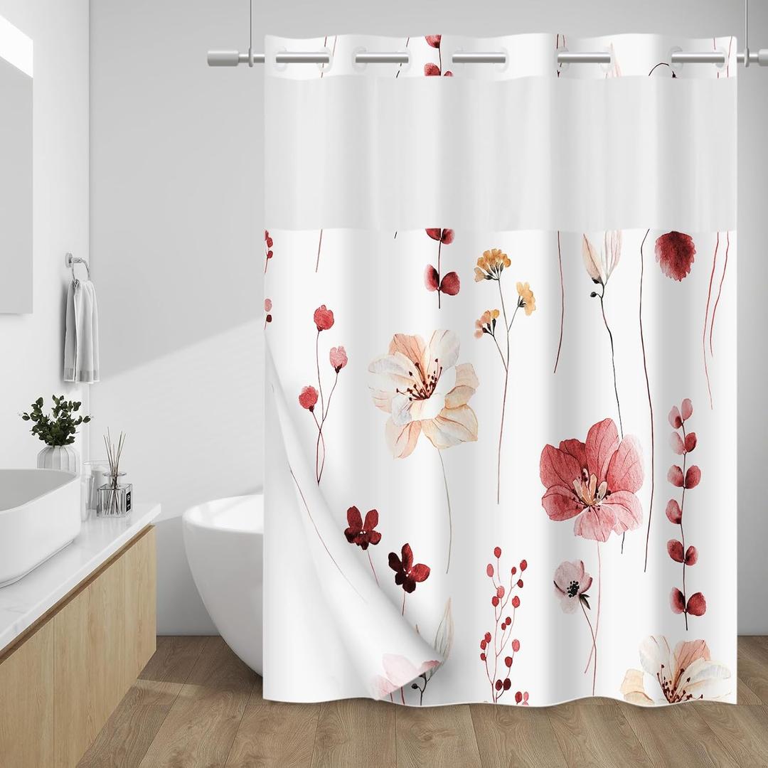 WITHLOC No Hook Shower Curtain with Snap in Liner - Floral Shower Curtain - Fabric Waterproof Inner Liner, Plants Watercolor Red Modern Cloth Shower Curtains - Machine Washable, 71 x 74