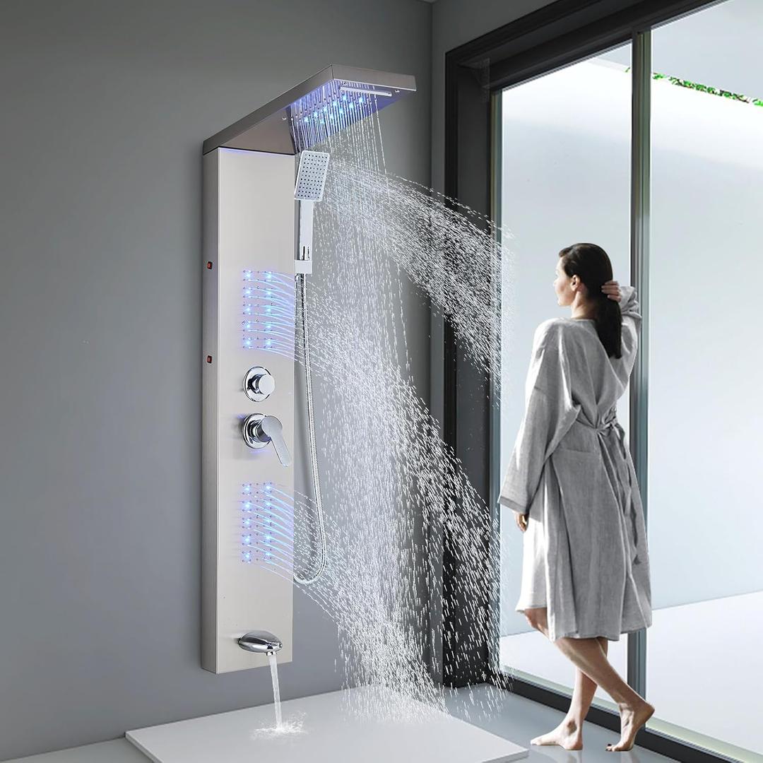 Shower Panel LED Shower System with Rainfall Waterfall Shower Head Full Body Shower Jets Contemporary Shower Tower Stainless Steel Shower Faucet Set for Bathroom, Brushed Nickel (Brushed Nickel)