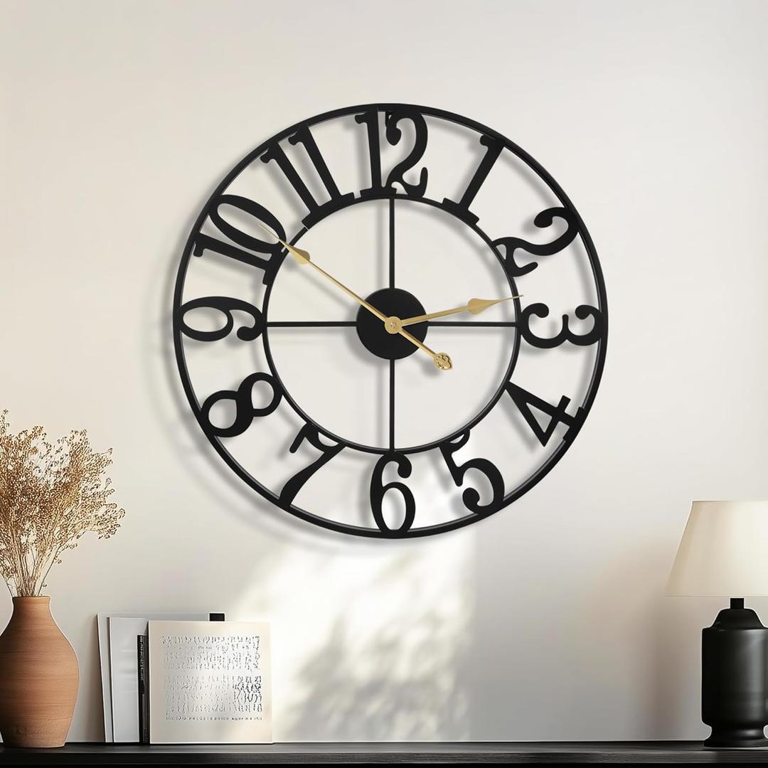HAITANG 16 Inch Large Wall Clock for Living Room Decor, Black Metal Silent Non Ticking Battery Operated Modern Vintage Decorative Clock for Bedroom