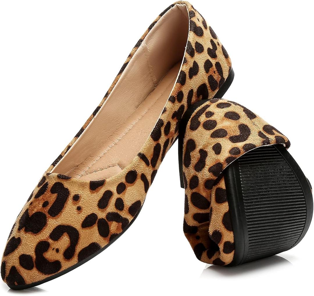 HEAWISH Womens Black Flats Shoes Comfortable Suede Pointed Toe Slip On Casual Ballet Flats Dress Shoes Nude Flats (7, Leopard)