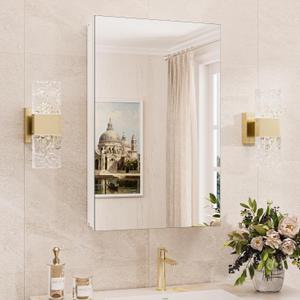 TokeShimi 16x26 Farmhouse Medicine Cabinet Recessed or Surface Mount Aluminum, Tempered Mirror with Adjustable Storage, White Bathroom Mirror Medicine Cabinet Frameless Metal Modern