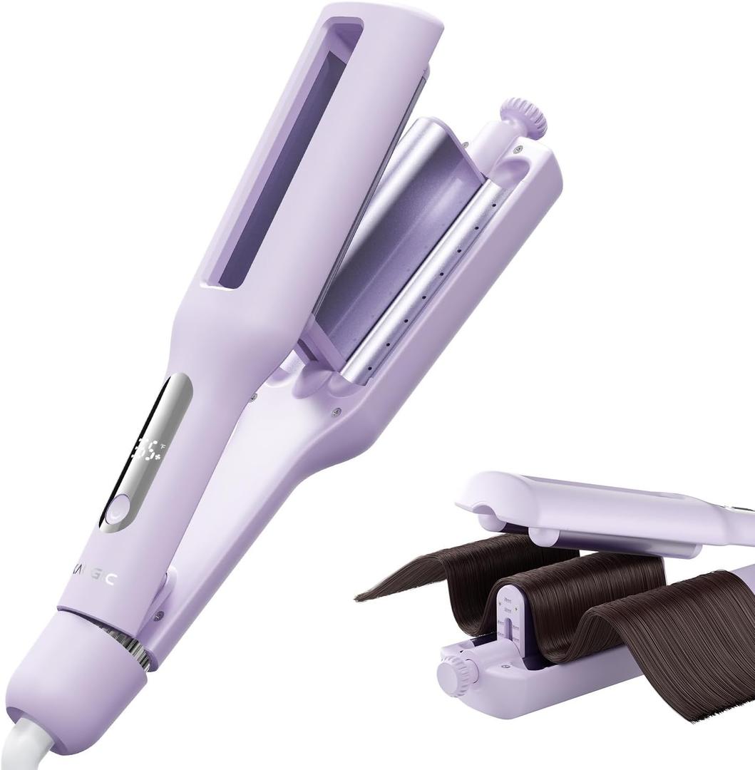 Flexiwave Adjustable 3 Barrel Ceramic Curling Iron Hair Crimper Waver Beach Waves Curling Wand 1.1/1.25/1.42/1.57, Ionic Deep Waver Hair Curler with CurlLock Tech, Dual Voltage (Rose Purple)