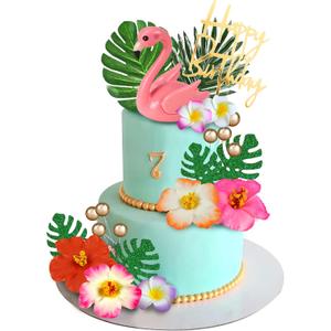 23 PCS Flamingo Cake Toppers Summer Cake Decoration with Cute Pink Flamingo Figures and Hibiscus Flower Palm Leaves for Hawaiian Aloha Themed Party Supplies (Type 1)