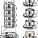 4 Pack Stainless Steel Coffee Cup Set 6 oz Espresso Cups Coffee Mugs with Spoons, Saucers and Metal Stand for Drinks, Latte, Tea, Milk(180 ml)