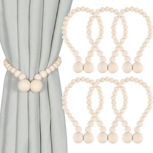 KLOGTSIND Magnetic Curtain Tiebacks, Curtain Tie Backs for Curtains 6 Pack, Wood Bead Curtain Tiebacks, Curtain Holders for Boho Bedroom Decor, Baby Nursery Decor, Farmhouse Decor