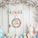 Pink Happy Easter Wreaths for Front Door Peeps Decorations for home Sign Easter Eggs Decor Wooden Wall Decor for Home Office Bathroom Bedroom Living Room Door Wall Party Supplies 10x10x0.12 inches (Risen3)