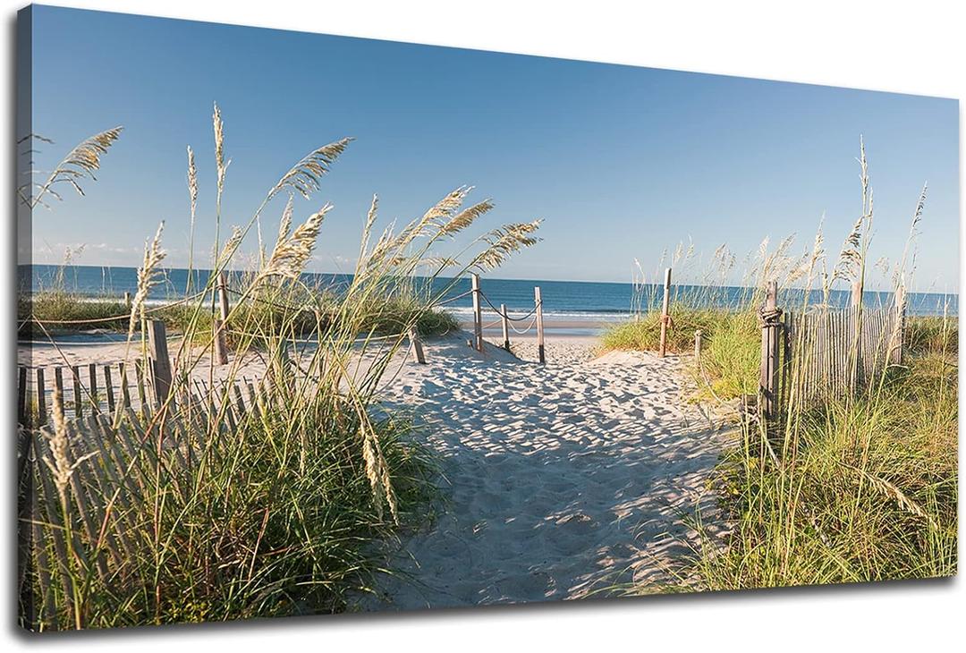 Sea Beach Canvas Wall Art Blue Ocean Pictures Wall Decor Coastal Reeds Nature Prints Seascape Painting Artwork for Living Room Bedroom Office Wall Decoration Framed 20" x 40"