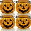 Halloween Candle Holders Set of 4, SHMILMH Tealight Votive Candle Holders with Grimace, Metal Hanging Pumpkin Lantern Decorative Halloween Table Centerpiece Orange