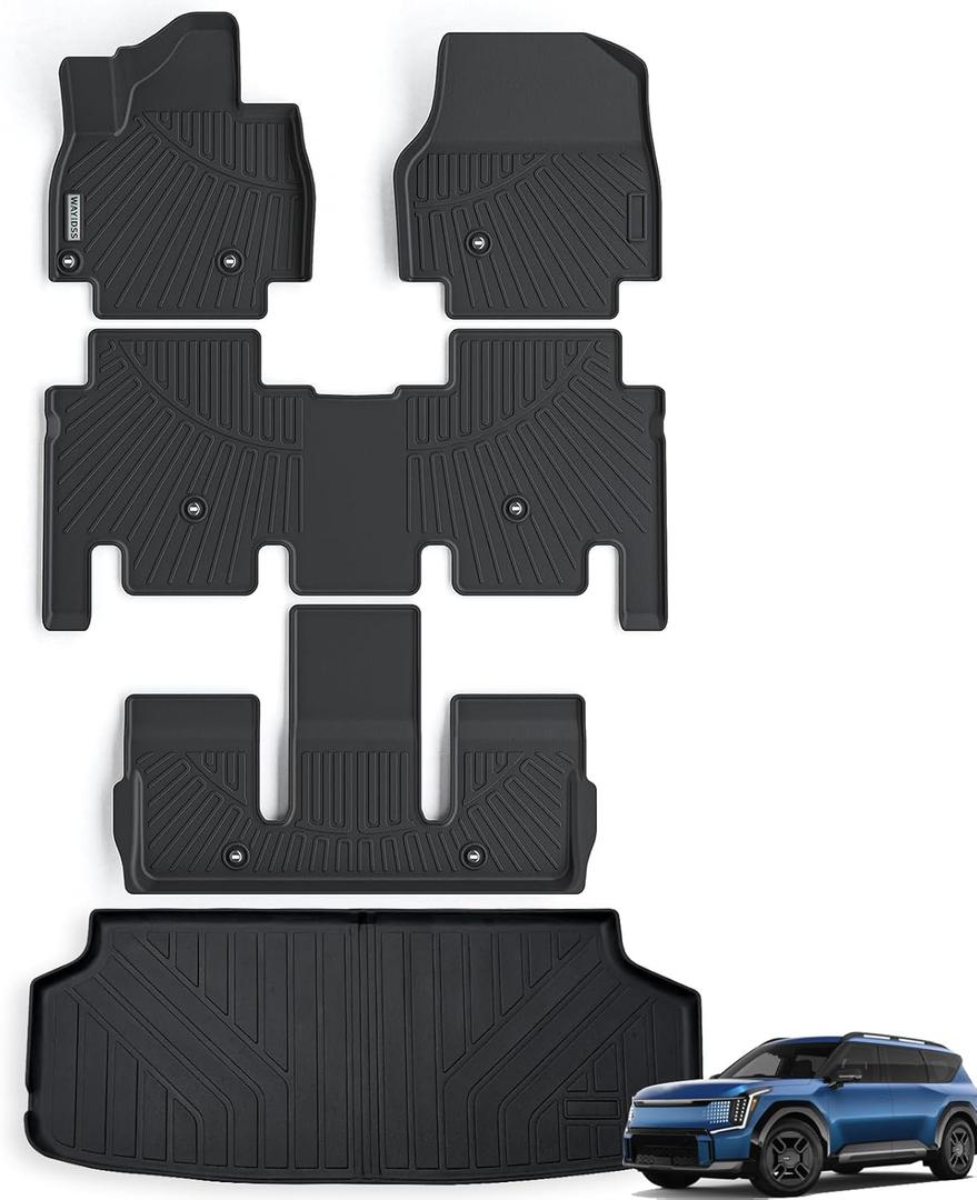 Floor Mats & Trunk Mat for KIA EV9 2024 2025 6-Seats VersionNot Fit for 7-Seats Version, 1st & 2nd & 3rd Rows Full Set with Cargo Liner,TPE All Weather Protection Car Floor Liners-Black