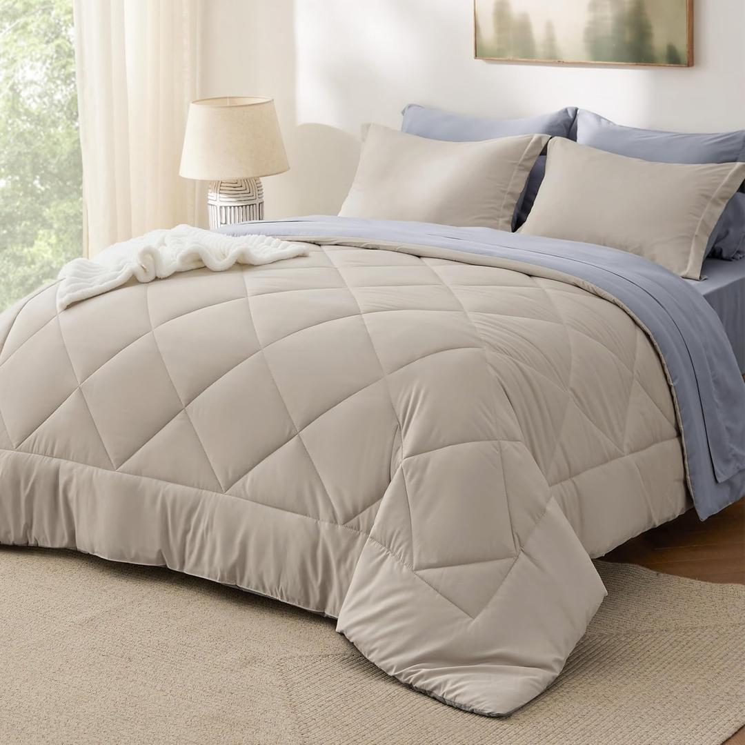Bedsure Queen Comforter Set - 7 Pieces Reversible Beige Bedding, Queen Size Bed Set for All Seasons, Bed in a Bag with Down Alternative Comforter, Sheets, Pillowcases & Shams (09 - Beige)