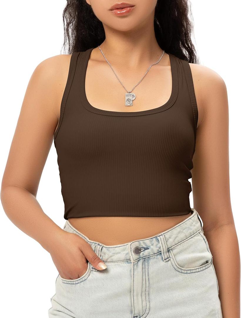 Sports Crop Tank Tops for Women Cropped Workout Tops Racerback Running Yoga Tanks Cotton Sleeveless Gym Shirts (Brown, XS)
