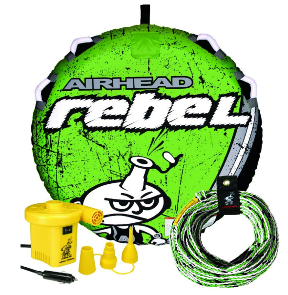 Airhead Rebel Towable Kit 1 Rider Tube with Rope and Pump, Kwik-Connect Tow, Double-Stitched Full Nylon Cover & Speed Safety Valve for Easy Inflating & Deflating
