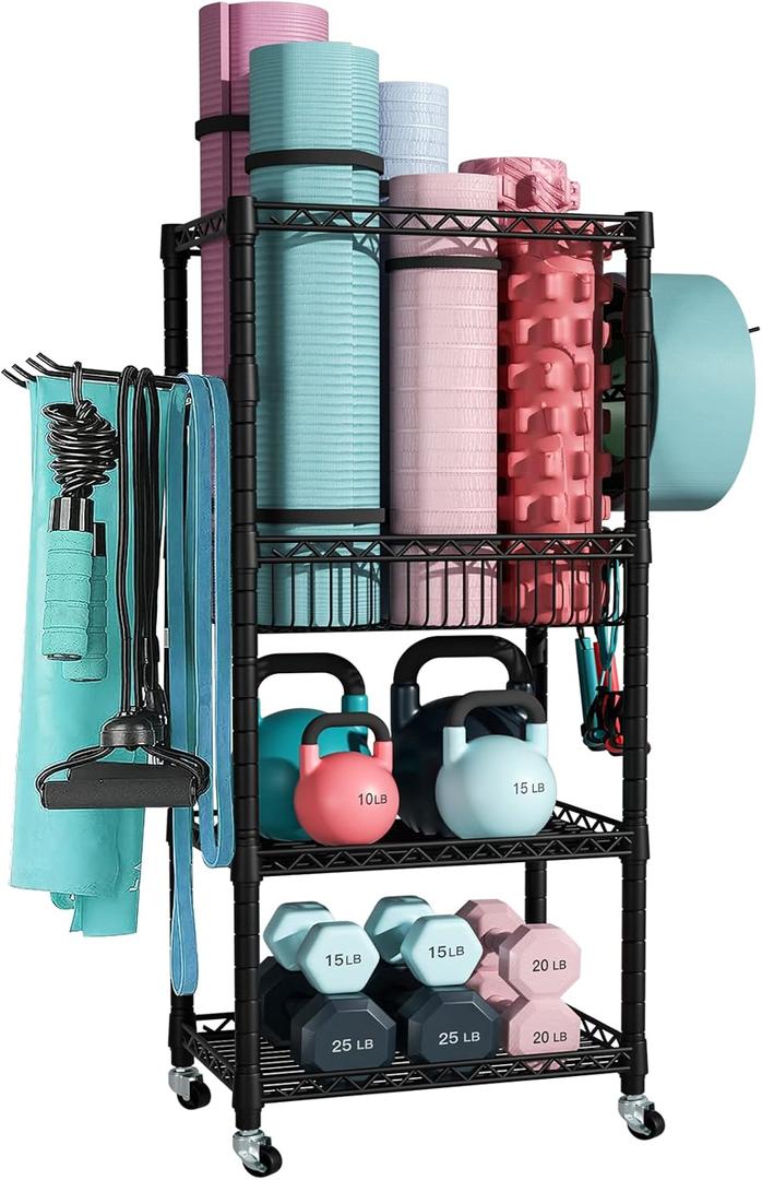 FUTASSI Home Gym Storage, 3 Tiers Workout Equipment Organizer with Wheels for Yoga Mats, Foam Roller, Dumbbells, Kettlebells, and Resistance Bands (Single-Row, Black)