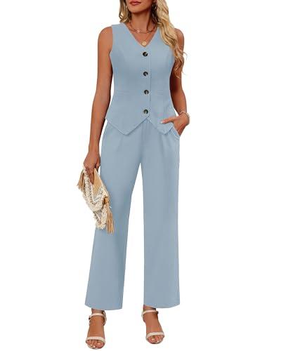 Ficerd Women's 2 Piece Outfits, Sleeveless Cotton Suit Vest and Wide Leg Pant Summer Business Casual Button V Neck Blazer Set(Light Blue,Medium)
