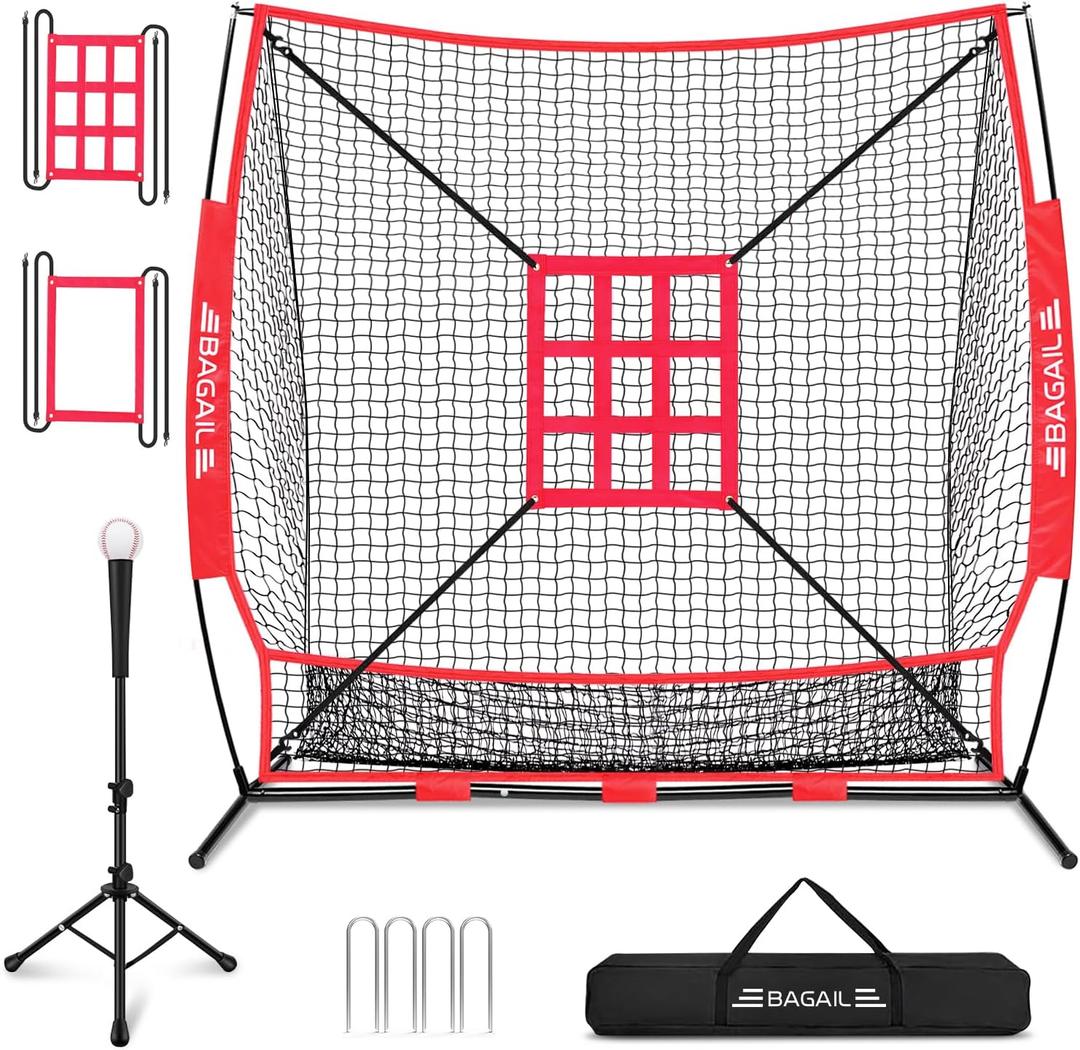 BAGAIL 7x7 ft Baseball & Softball Practice Net with Bow Frame for Batting, Hitting, Pitching, Portable Baseball Throwing Net with 2 Strike Zone Batting Tee, Carry Bag, Great for All Levels (Red)